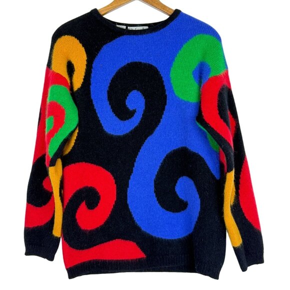Vtg 80s Rafaella Angora Lambswool Sweater Tunic Small Colorblock Abstract Swirl - Picture 1 of 10